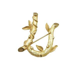 Elegant Script Letter U Brooch, Vintage Sarah Coventry Gold Tone Branch and Leav